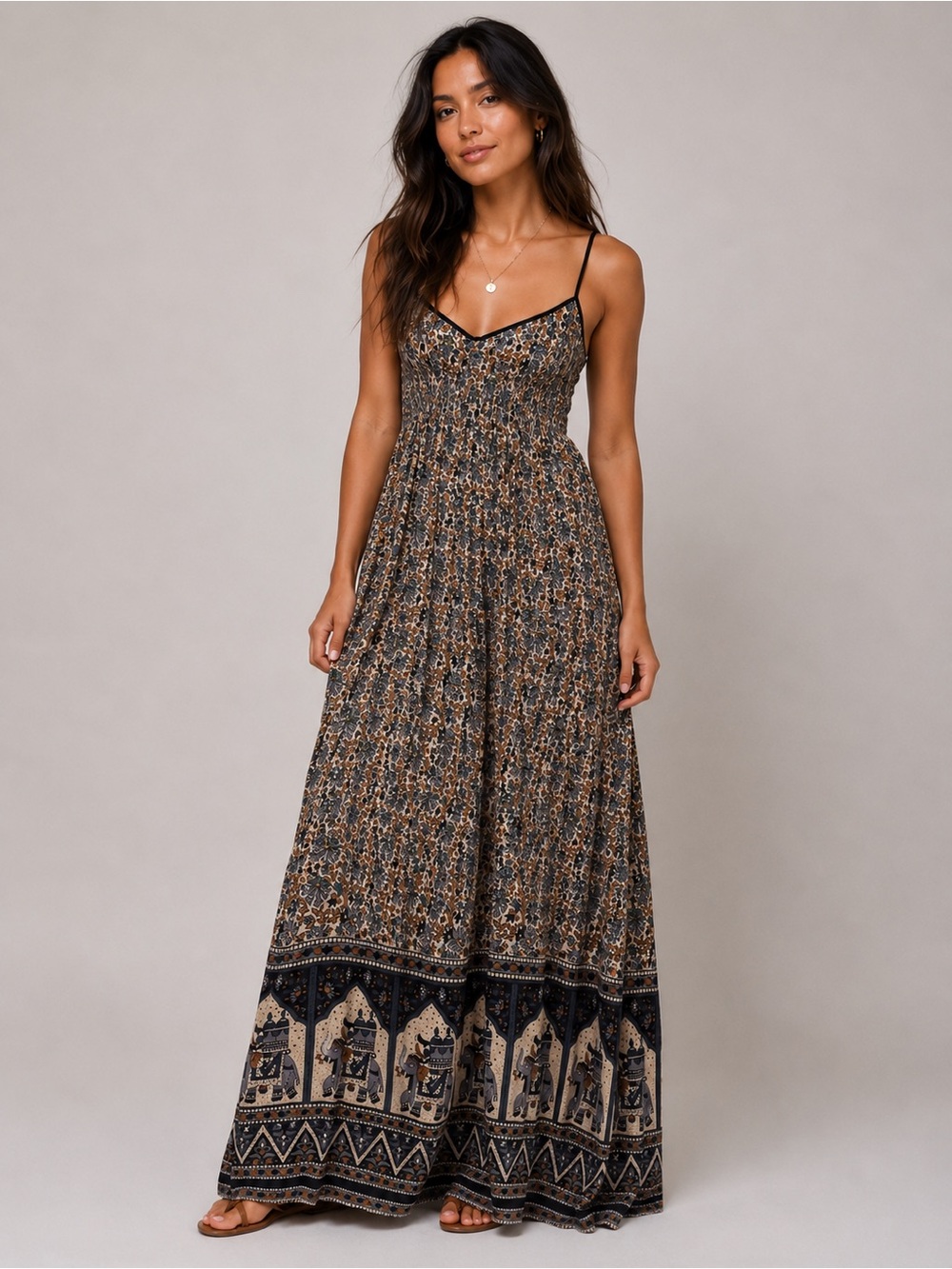 Wet Seal Y2K Womens Boho Maxi Dress Elephant Border Racerback Flowy Large